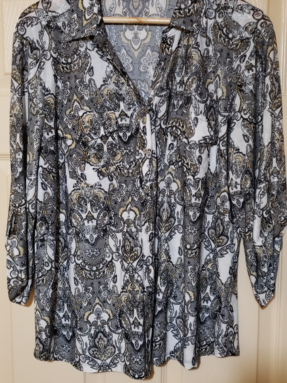 Women's Black & White Paisley Button-Front Blouse With Metallic Silver Accents.